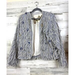 Crystal Handwovens Womens S Oversized Blue Vintage 80s Fringe Boho Blazer Jacket